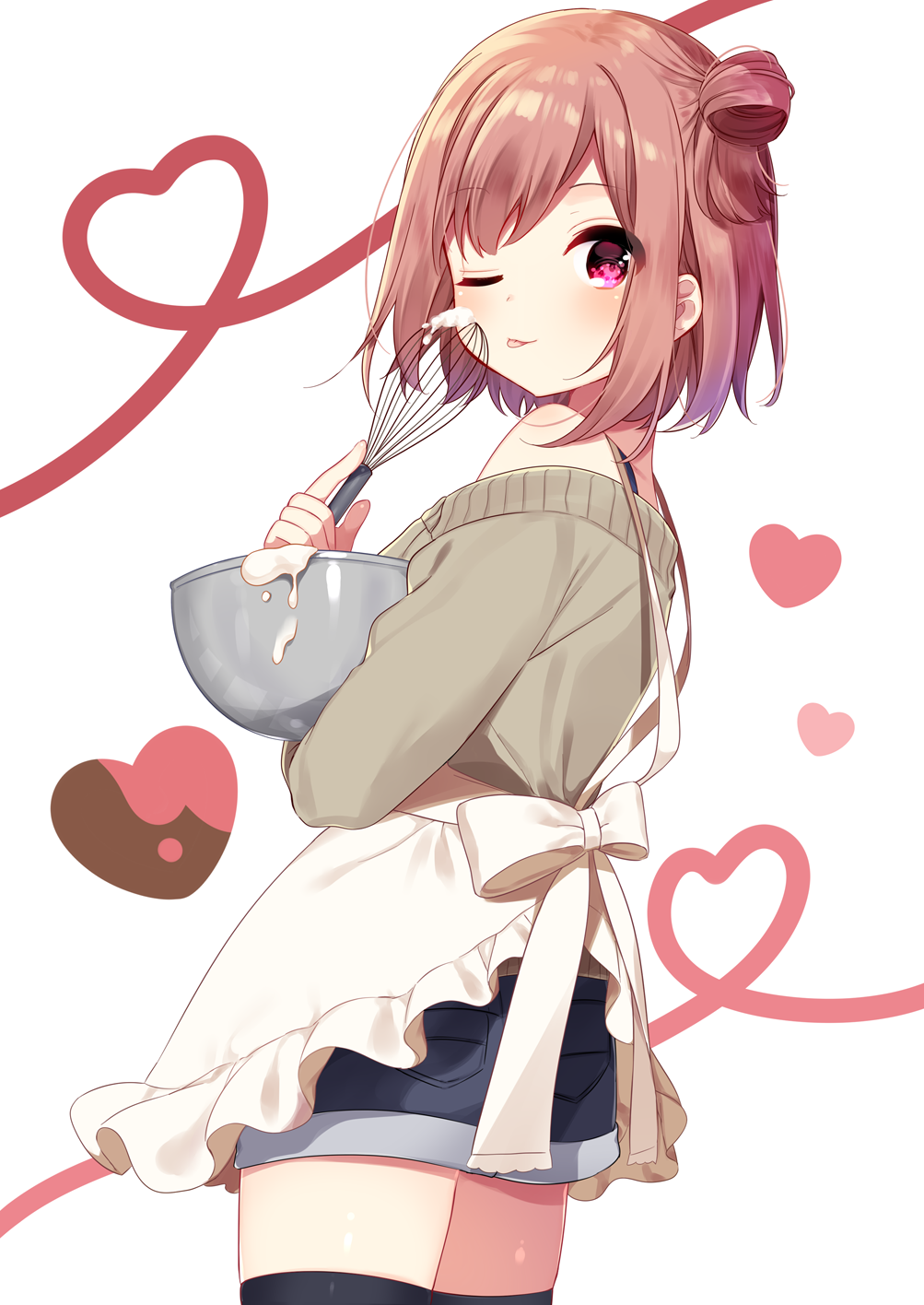 1girl ;p apron bare_shoulders black_legwear black_shorts blush bowl brown_hair brown_sweater commentary_request cowboy_shot cream eyebrows_visible_through_hair frilled_apron frills from_side hair_bun heart heart_of_string highres holding holding_bowl long_sleeves looking_at_viewer looking_to_the_side mafuyu_(chibi21) off-shoulder_sweater official_art one_eye_closed original pink_eyes shiny shiny_hair short_hair shorts side_bun solo standing sweater tareme thigh-highs tongue tongue_out whisk white_apron white_background