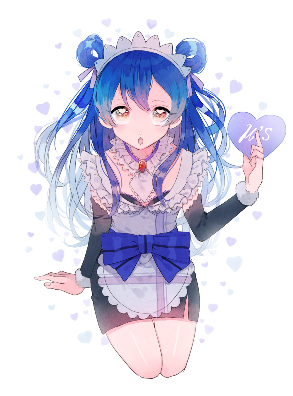 1girl apron arm_support bangs blue_hair commentary_request detached_sleeves double_bun eyebrows_visible_through_hair frills hair_between_eyes heart highres holding long_hair looking_at_viewer love_live! love_live!_school_idol_project maayan maid maid_apron maid_headdress mogyutto_"love"_de_sekkin_chuu! open_mouth seiza simple_background sitting solo sonoda_umi yellow_eyes