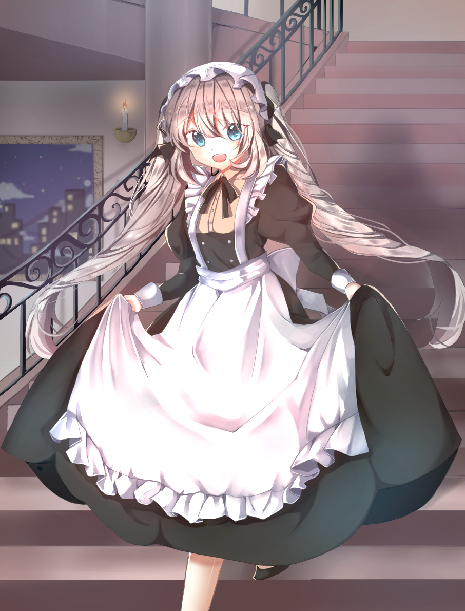 1girl :d alternate_costume apron blue_eyes blurry building candle depth_of_field drill_hair enmaided fate/grand_order fate_(series) long_hair looking_at_viewer maid maid_apron maid_headdress marie_antoinette_(fate/grand_order) miyo_(user_zdsp7735) open_mouth painting_(object) silver_hair skirt skirt_lift skyscraper smile solo stairs twin_drills twintails