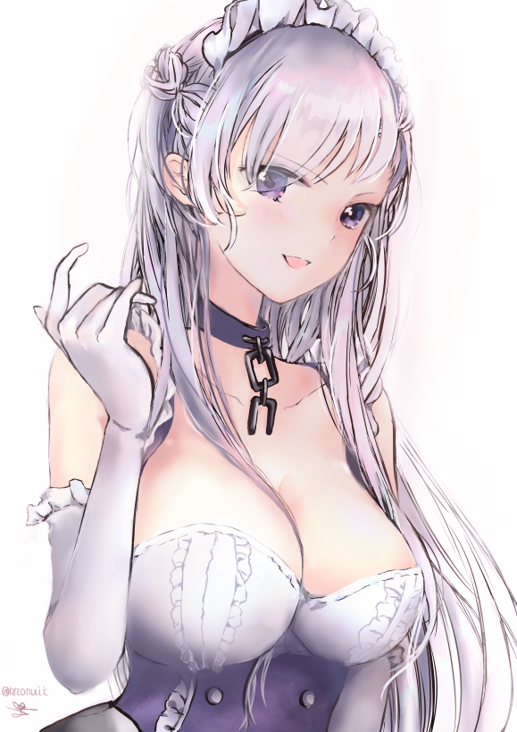 1girl :d azur_lane belfast_(azur_lane) blush braid breasts broken broken_chain chains cleavage collar collarbone corset elbow_gloves eyes_visible_through_hair french_braid frilled_gloves frills gloves hair_over_one_eye large_breasts long_hair looking_at_viewer open_mouth shiny shiny_hair silver_hair sleeveless smile solo tsunano_(koi_pink) twitter_username underbust upper_body violet_eyes white_gloves