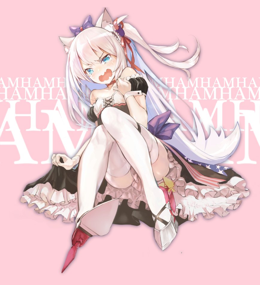 1girl animal_ears azur_lane bare_shoulders blue_eyes bow cat_ears choker commentary_request crying crying_with_eyes_open ha2ru hair_bow hair_ribbon hammann_(azur_lane) high_heels long_hair open_mouth pink_background remodel_(azur_lane) ribbon sitting solo tears thigh-highs two_side_up wavy_mouth white_hair white_legwear