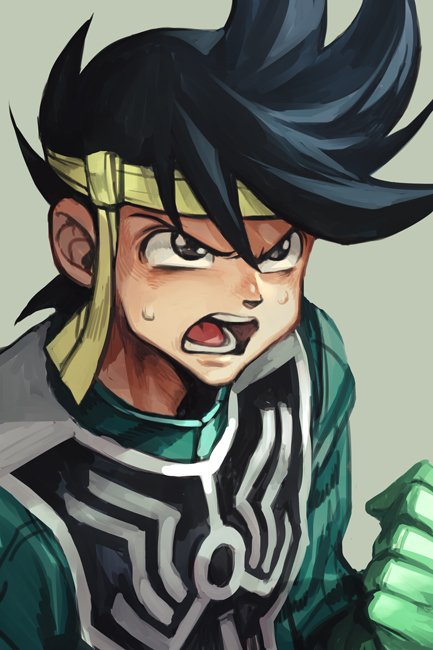 1boy black_eyes black_hair clenched_hand copyright_request frown gloves green_gloves green_jacket grey_background hankuri headband jacket male_focus open_mouth simple_background solo sweatdrop tongue