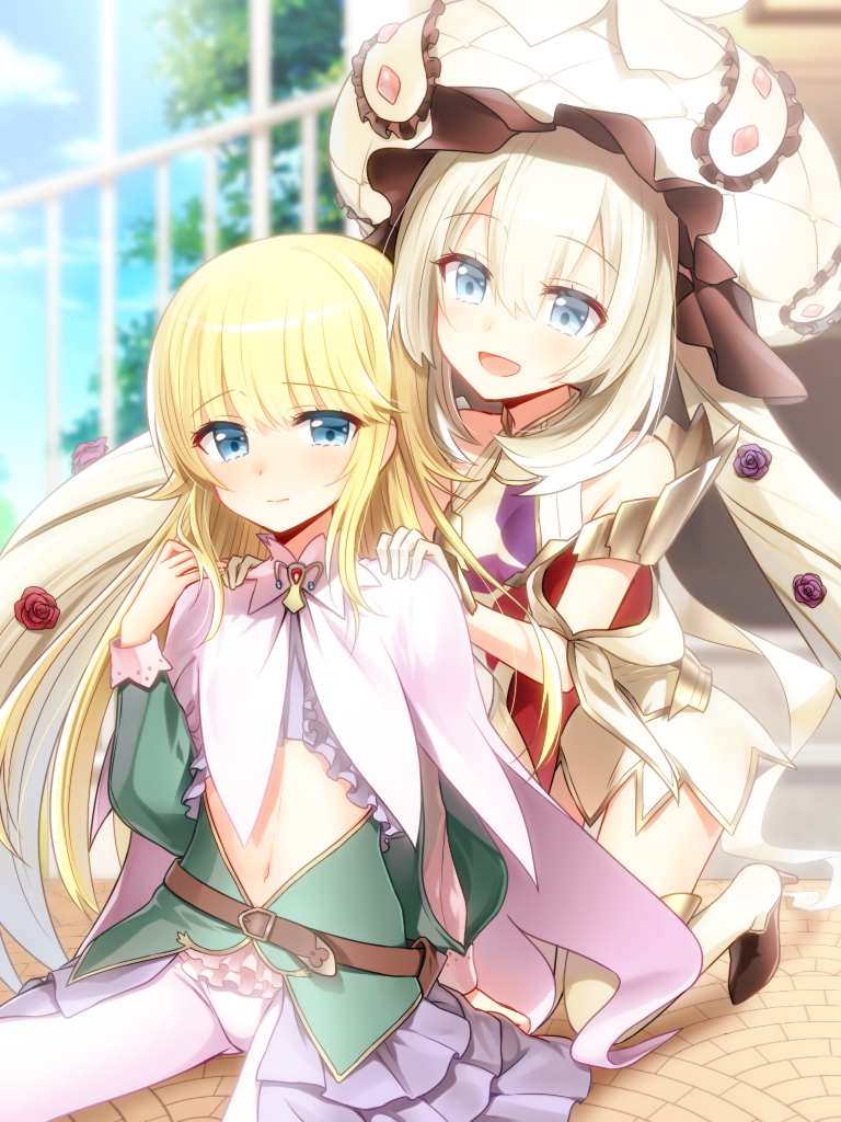 1girl androgynous bangs bare_shoulders belt blonde_hair blue_eyes blush chevalier_d'eon_(fate/grand_order) fate/grand_order fate_(series) flower hair_between_eyes hair_flower hair_ornament hat large_hat long_hair long_sleeves looking_at_another marie_antoinette_(fate/grand_order) midriff navel nyakelap open_mouth rose short_sleeves silver_hair smile thigh-highs white_hat