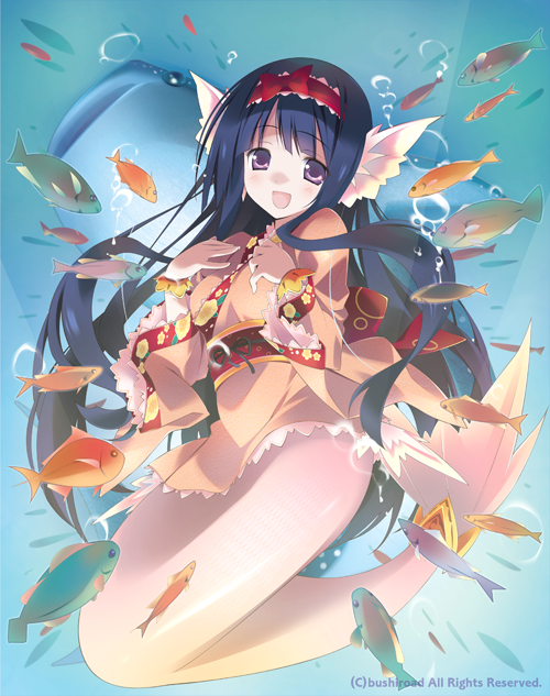 1girl black_hair bubble cardfight!!_vanguard company_name diva_of_clear_waters_izumi fish hairband head_fins japanese_clothes long_hair mermaid monster_girl official_art sakana underwater violet_eyes