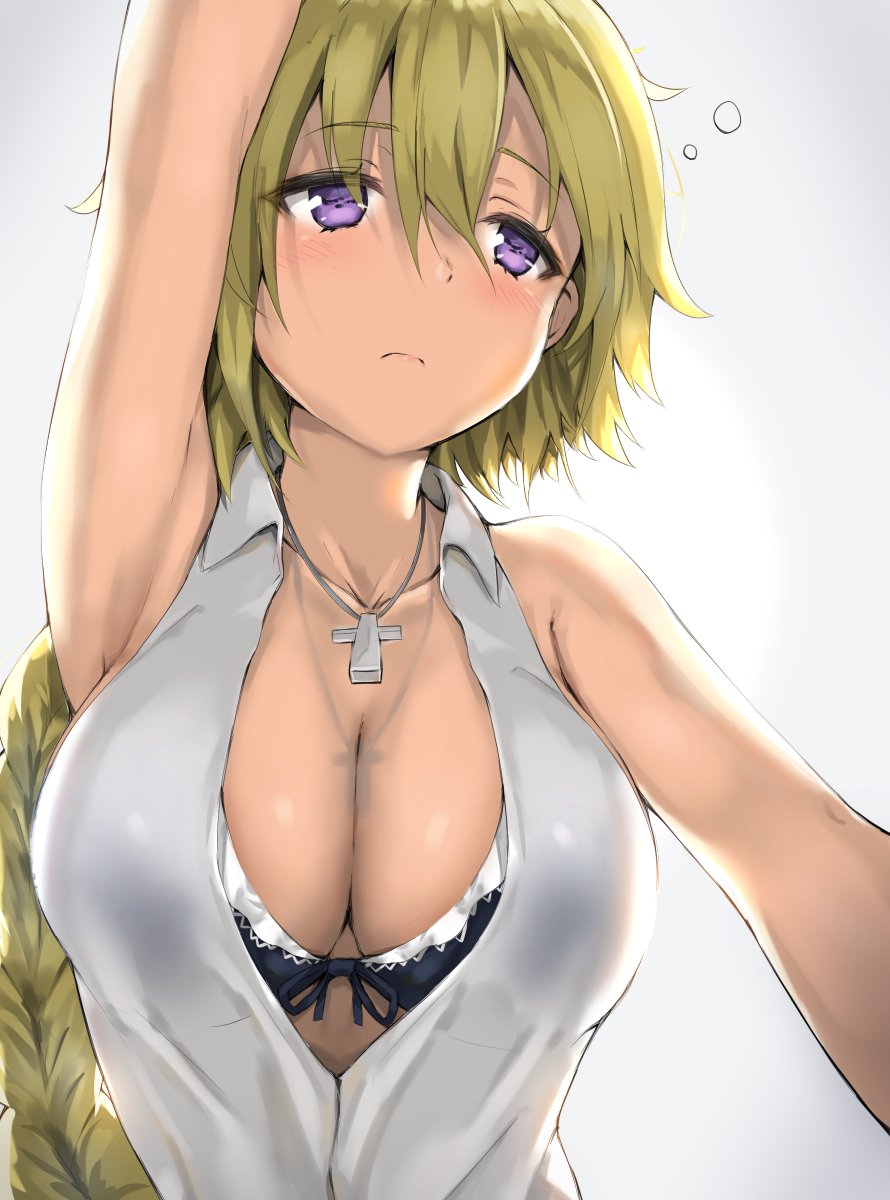 1girl arm_up armpits bangs bare_arms bare_shoulders bikini bikini_top bikini_under_clothes black_bikini braid breasts cleavage closed_mouth collarbone collared_shirt cross cross_necklace eyebrows_visible_through_hair fate/apocrypha fate_(series) frilled_bikini frills front-tie_bikini front-tie_top hair_between_eyes highres jeanne_d'arc_(fate) jeanne_d'arc_(fate)_(all) jewelry large_breasts long_hair looking_up necklace pendant reinama shirt single_braid sleeveless sleeveless_shirt solo swimsuit very_long_hair violet_eyes white_shirt wing_collar