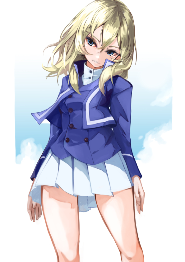 1girl bangs blonde_hair blue_eyes blue_jacket blue_vest closed_mouth commentary_request cowboy_shot double-breasted dress_shirt eyebrows_visible_through_hair girls_und_panzer hair_flowing_over head_tilt high_collar jacket long_sleeves looking_at_viewer medium_hair miniskirt nagasawa_tougo no_hat no_headwear open_clothes open_jacket oshida_(girls_und_panzer) pleated_skirt shirt skirt solo standing vest white_shirt white_skirt