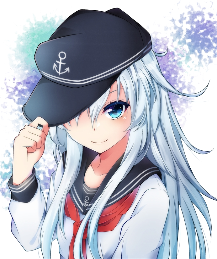 &gt;:) 1girl anchor_symbol artist_request blue_eyes flat_cap hat hat_over_one_eye hat_tip hibiki_(kantai_collection) kantai_collection long_hair long_sleeves looking_at_viewer neckerchief sailor_collar school_uniform serafuku smile solo upper_body white_background white_hair