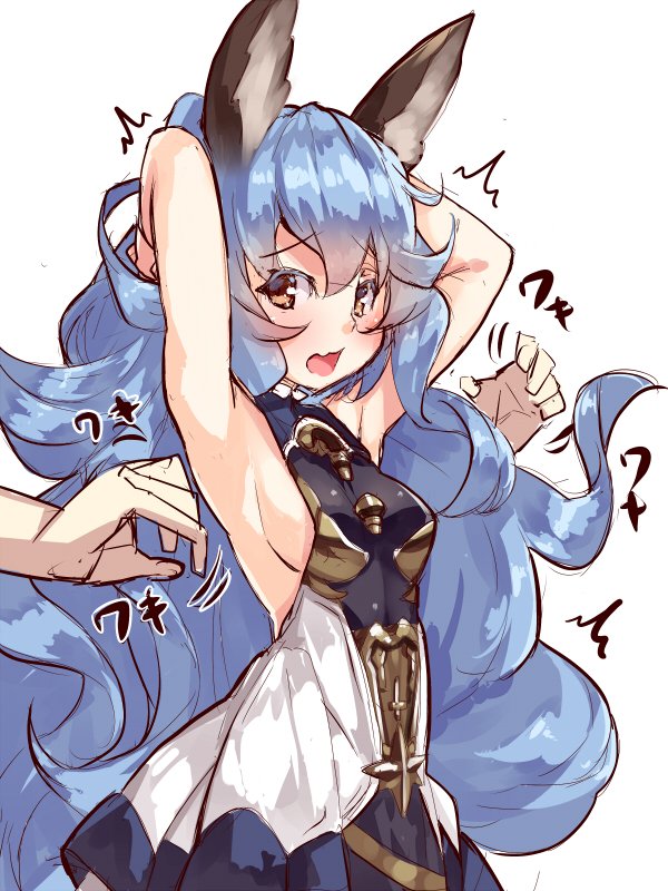 /\/\/\ 1girl arms_behind_head bangs bare_arms bare_shoulders blue_dress blue_hair blush breasts brown_eyes dress erun_(granblue_fantasy) eyebrows_visible_through_hair fang ferry_(granblue_fantasy) granblue_fantasy hair_between_eyes long_hair medium_breasts open_mouth sideboob simple_background sleeveless sleeveless_dress solo_focus very_long_hair white_background yuuji_(yukimimi)