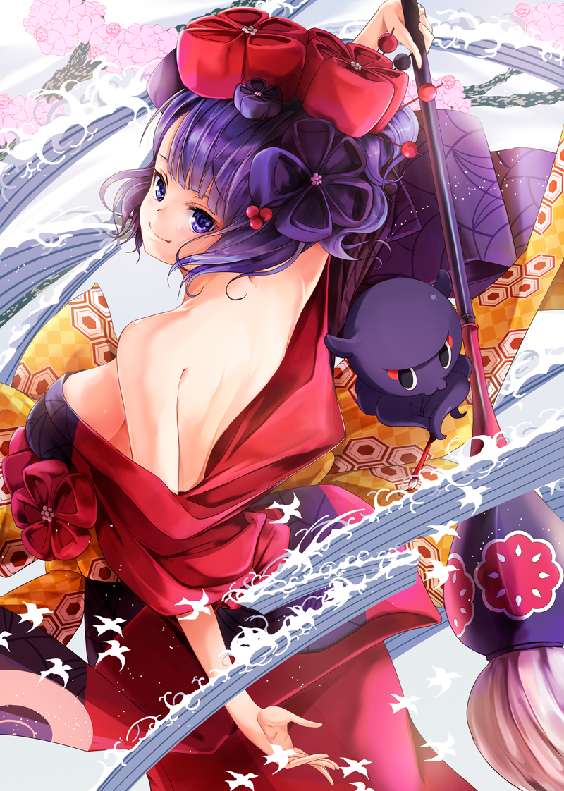 1girl bare_shoulders black_hair blue_eyes blush breasts fate/grand_order fate_(series) flower giant_brush hair_flower hair_ornament hairpin hopper japanese_clothes katsushika_hokusai_(fate/grand_order) kimono looking_at_viewer looking_back medium_breasts obi octopus sash short_hair smile solo