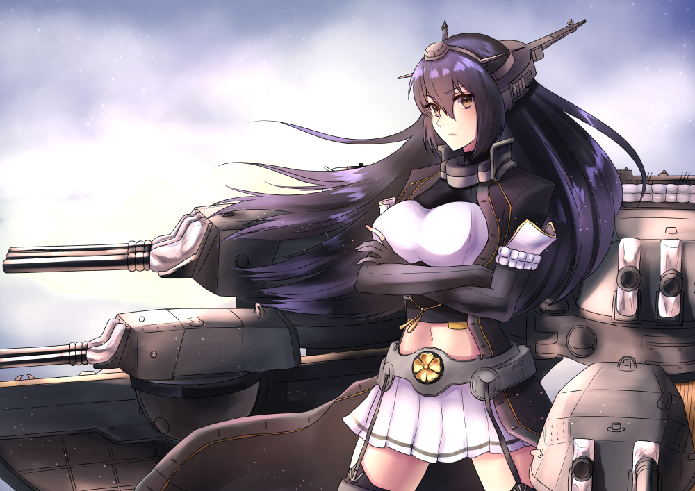 1girl black_hair black_legwear blurry blurry_background bodysuit breasts cowboy_shot cropped_jacket crossed_arms headgear itsuwa_(continue) kantai_collection long_hair looking_at_viewer machinery midriff nagato_(kantai_collection) navel pleated_skirt skirt standing thigh-highs white_skirt yellow_eyes zettai_ryouiki