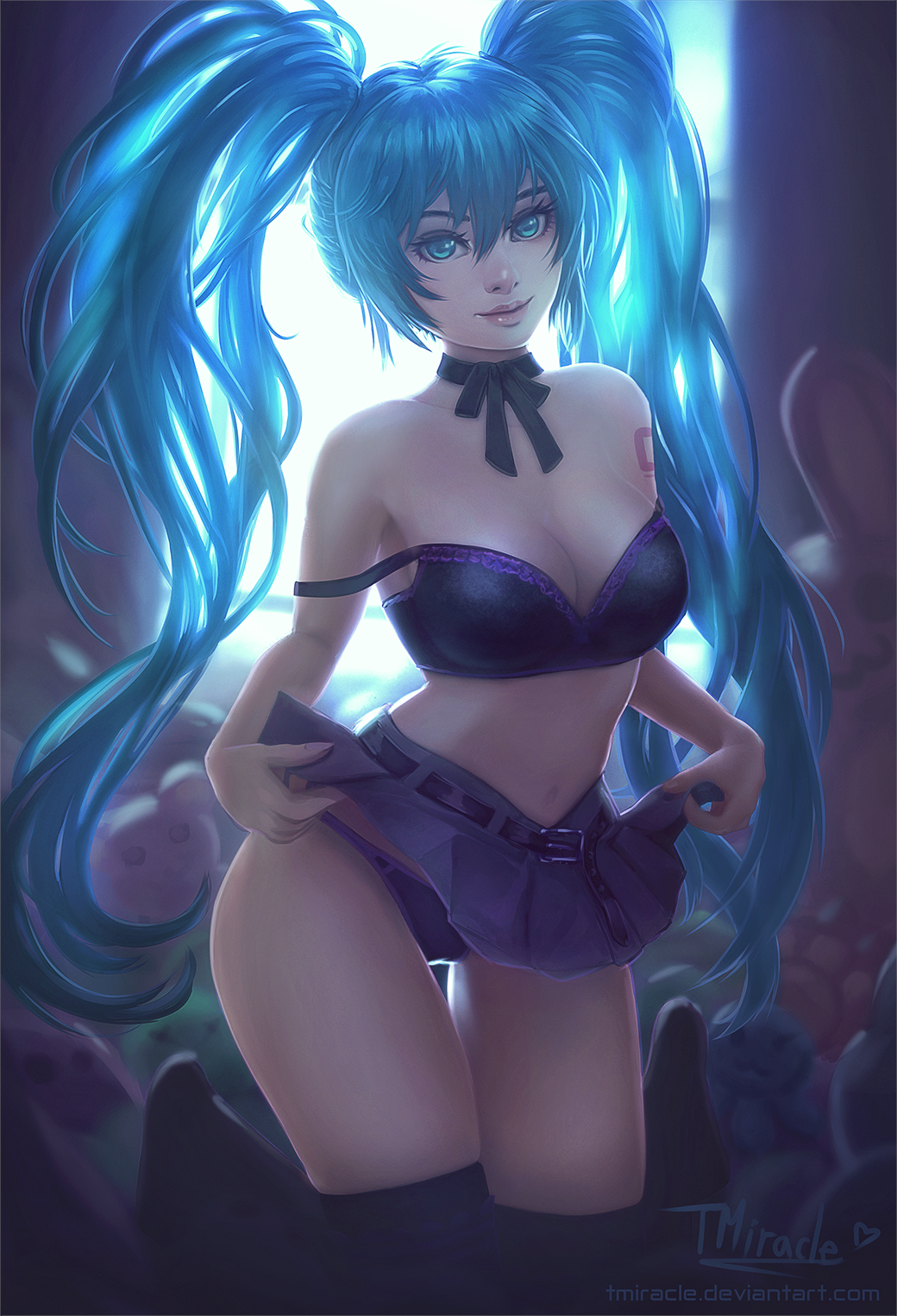 1girl aqua_eyes artist_name backlighting belt black_bra black_legwear black_panties blue_hair bra breasts commentary hatsune_miku highres kneeling lips long_hair looking_at_viewer medium_breasts navel no_shirt panties revision skirt skirt_lift solo strap_slip thigh-highs tmiracle twintails underwear very_long_hair vocaloid watermark web_address