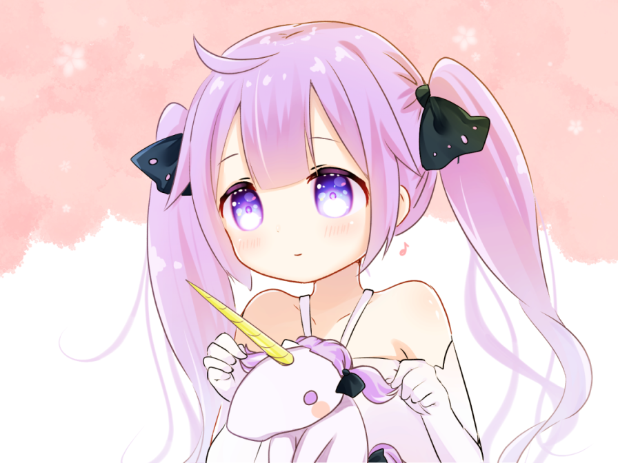 1girl ahoge alternate_hairstyle azur_lane bangs bare_shoulders black_ribbon blush closed_mouth collarbone commentary_request dress elbow_gloves eyebrows_visible_through_hair gloves hair_between_eyes halterneck holding kuma_no_yume musical_note purple_hair quaver ribbon smile solo stuffed_animal stuffed_toy stuffed_unicorn twintails twintails_day unicorn_(azur_lane) violet_eyes white_dress white_gloves