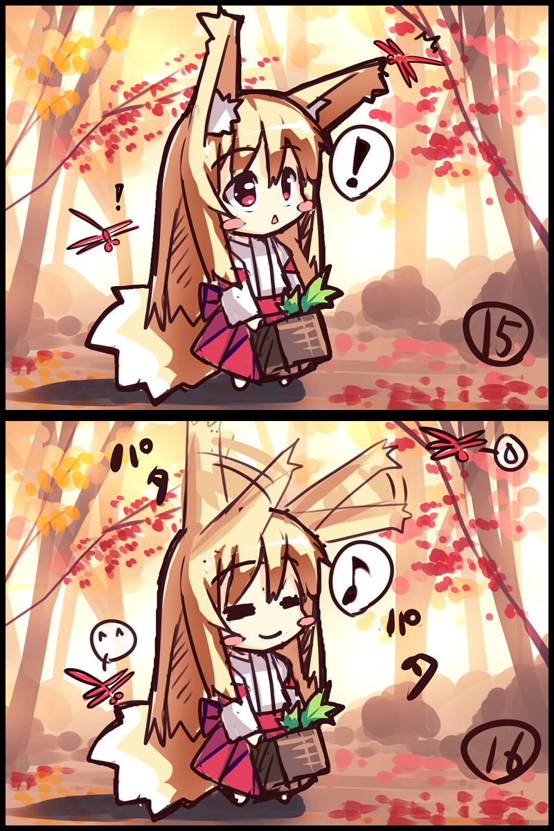 1girl :&lt; ^_^ animal_ears autumn_leaves bangs barefoot blonde_hair blush_stickers chibi closed_eyes closed_mouth day dragonfly ear_wiggle eyebrows_visible_through_hair fox_ears fox_girl fox_tail hair_between_eyes highres holding_basket insect japanese_clothes long_hair long_sleeves miko musical_note original outdoors parted_lips quaver red_eyes redhead spoken_expression spoken_musical_note spoken_sweatdrop standing sweatdrop tail very_long_hair yuuji_(yukimimi)
