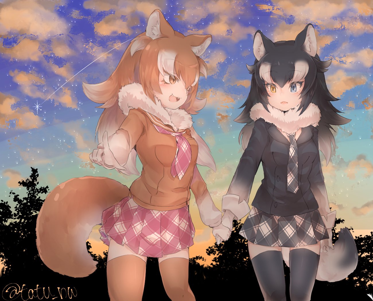 2girls animal_ears blue_eyes commentary_request fangs fur_collar gloves grey_wolf_(kemono_friends) hand_holding heterochromia japanese_wolf_(kemono_friends) kemono_friends long_hair multicolored_hair multiple_girls neckerchief necktie open_mouth pleated_skirt pointing shooting_star skirt tail tatsuno_newo thigh-highs twilight wolf_ears wolf_tail yellow_eyes zettai_ryouiki