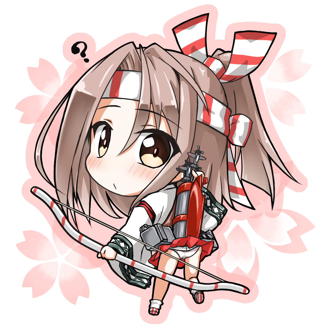 1girl ? aircraft airplane arrow bow_(weapon) brown_eyes chibi hachimaki headband holding japanese_clothes kantai_collection koda long_hair looking_at_viewer looking_back machinery panties pleated_skirt ponytail silver_hair skirt solo underwear weapon white_panties zuihou_(kantai_collection)