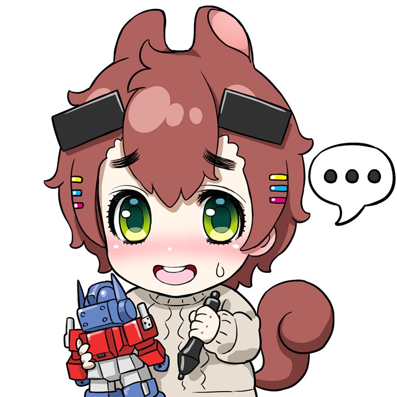 1girl animal_ears brown_hair eyebrows_visible_through_hair green_eyes hair_ornament headgear holding looking_at_viewer open_mouth optimus_prime original short_hair simple_background solo squirrel_ears squirrel_tail sweater t_santa tail toy transformers white_background