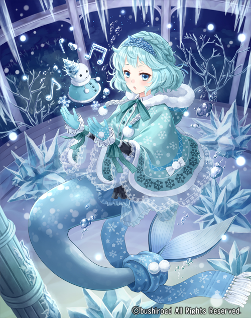 1girl aqua_hair blue_eyes bow bowtie bubble cardfight!!_vanguard company_name coral fur_trim gloves hairband hood hood_down ice mermaid monster_girl musical_note official_art open_mouth reticent_diva_isuca scarf shell short_hair snowman solo tadokoro_teppei underwater