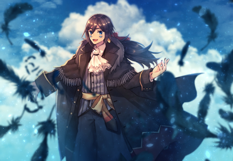 1girl :d androgynous black_clothes black_feathers black_hair blue_eyes blue_sky blush_stickers clouds day feathers long_hair looking_at_viewer moe_(hamhamham) open_mouth outdoors personification pokemon sky smile solo standing toucannon white_neckwear