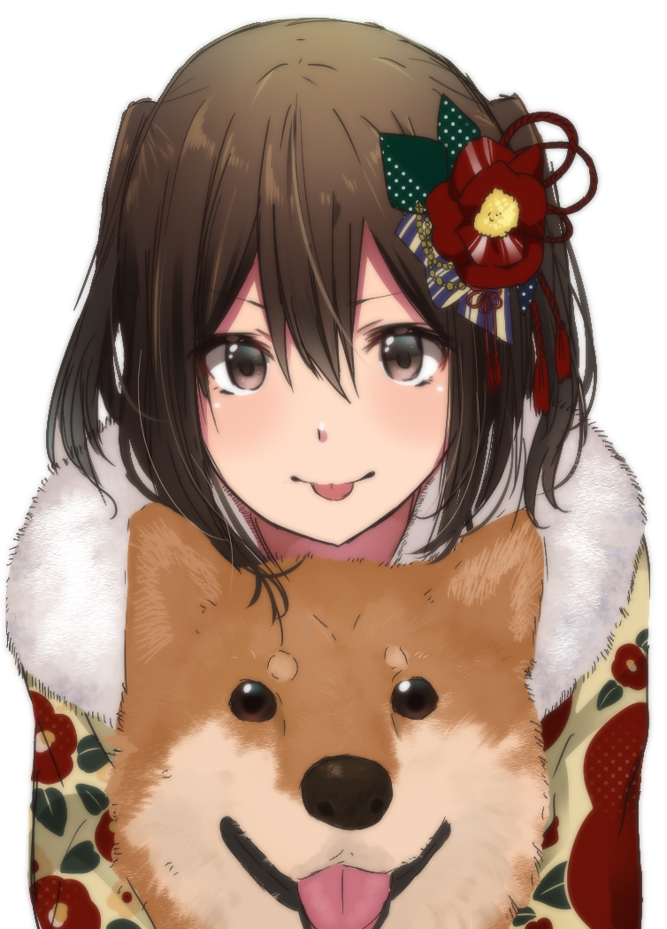 1girl animal bangs blush breasts brown_eyes brown_hair dog eyebrows_visible_through_hair floral_print flower fur fur_collar hair_between_eyes hair_flower hair_ornament highlights japanese_clothes kantai_collection kimono looking_at_viewer multicolored multicolored_clothes multicolored_hair print_kimono red_flower red_ribbon ribbon rinto_(rint_rnt) sendai_(kantai_collection) short_hair simple_background smile solo tareme tassel tongue tongue_out upper_body white_background