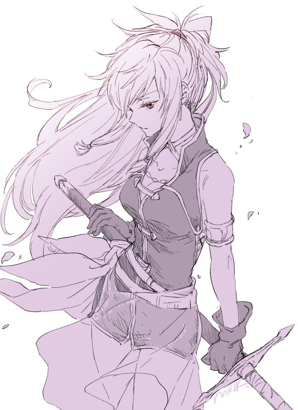 1girl armlet bare_shoulders breasts dress fire_emblem fire_emblem:_seima_no_kouseki gloves kizuki_miki long_hair marica_(fire_emblem) monochrome ponytail solo sword weapon