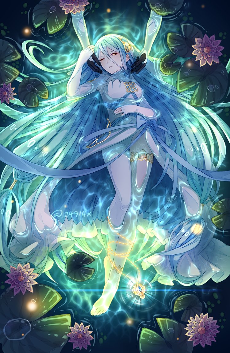 1girl aqua_(fire_emblem_if) bare_shoulders blue_hair commentary dress fire_emblem fire_emblem_if hands_on_another's_face holding holding_another's_arm jewelry lake long_hair my_unit_(fire_emblem_if) necklace one_eye_closed open_mouth solo twitter_username underwater very_long_hair water white_dress xin_(24914) yellow_eyes
