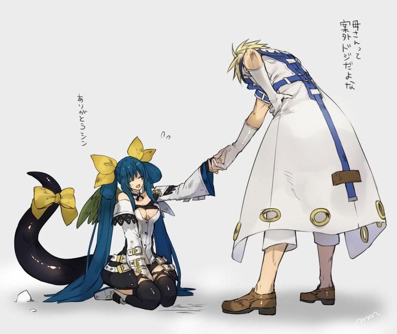 1boy 1girl blonde_hair blue_eyes blue_hair blush breasts dizzy eyepatch gloves guilty_gear guilty_gear_xrd long_hair maka_(morphine) mother_and_son short_hair sin_kiske smile tail wings