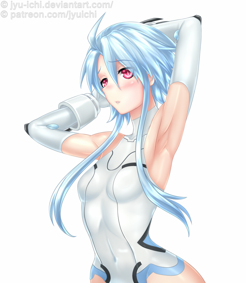 1girl armpits arms_behind_head arms_up blue_hair blush breasts covered_navel elbow_gloves gloves jyu_ichi leotard neptune_(series) open_mouth power_symbol red_eyes short_hair_with_long_locks simple_background skin_tight small_breasts solo symbol-shaped_pupils white_background white_gloves white_heart white_leotard