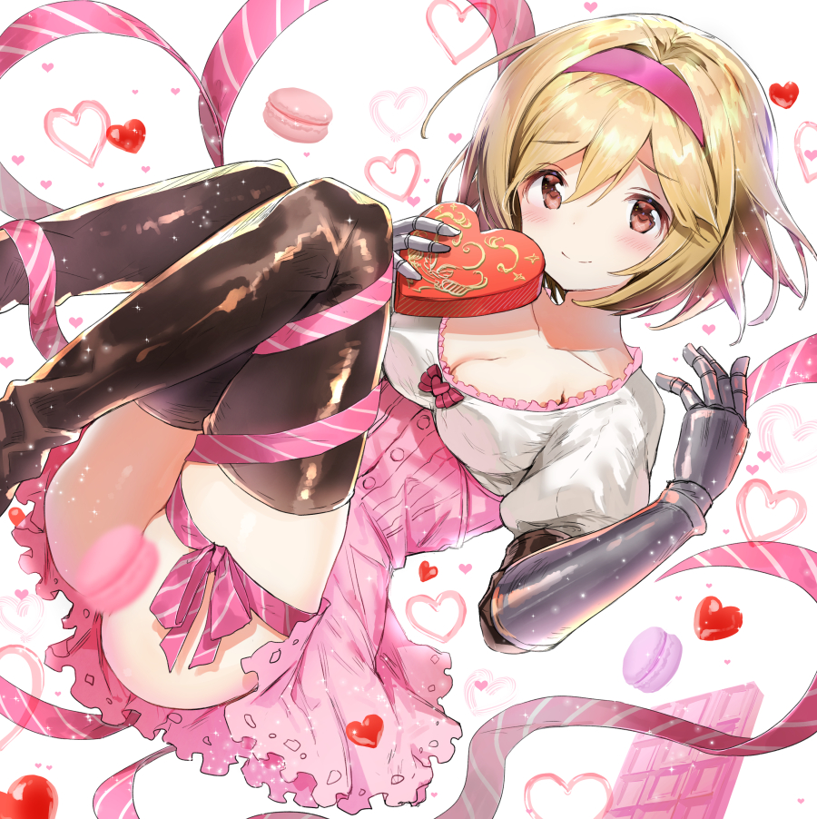 1girl blonde_hair blush boots box breasts brown_eyes convenient_censoring djeeta_(granblue_fantasy) dress food gauntlets gift gift_box granblue_fantasy hairband hayama_eishi heart heart-shaped_box holding holding_gift looking_at_viewer macaron medium_breasts pink_dress ribbon short_hair simple_background smile solo striped striped_ribbon thigh-highs thigh_boots thigh_ribbon valentine white_background