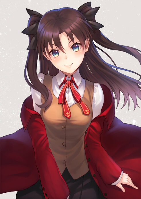 1girl bangs black_ribbon black_skirt blue_eyes breasts brown_hair brown_vest coat collared_shirt fate/stay_night fate_(series) grey_background hair_ribbon head_tilt kyoeiki long_hair long_sleeves looking_at_viewer medium_breasts navel neck_ribbon off_shoulder open_clothes open_coat parted_bangs red_coat red_neckwear red_ribbon ribbon school_uniform shirt skirt solo straight_hair tohsaka_rin two_side_up upper_body v-shaped_eyebrows vest wing_collar