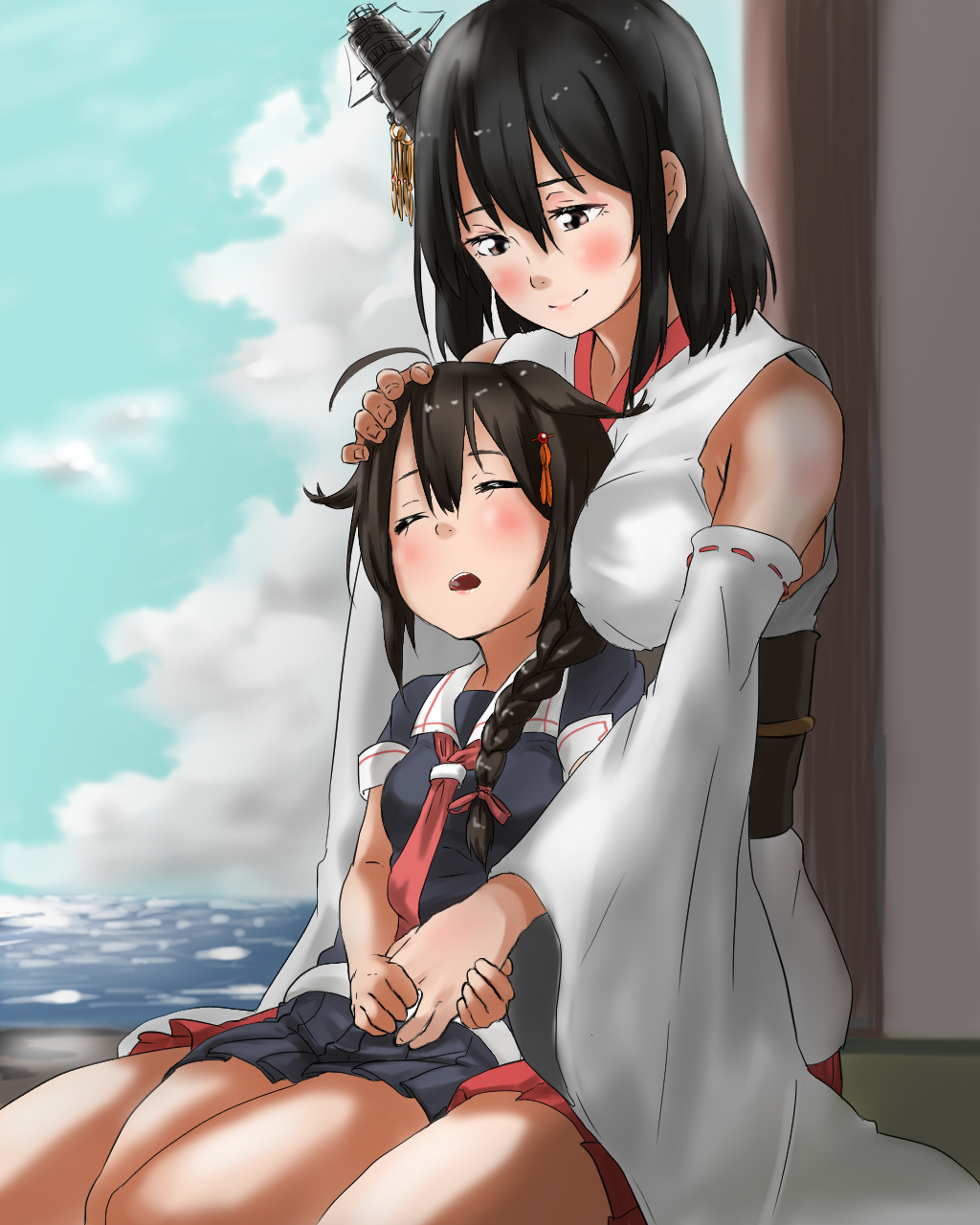 2girls black_hair black_skirt blush breast_pillow breasts closed_mouth clouds cloudy_sky dress hair_between_eyes hair_ornament highres japanese_clothes kantai_collection large_breasts long_hair looking_at_viewer medium_hair miniskirt multiple_girls neckerchief ocean open_mouth ponytail red_skirt school_uniform shigure_(kantai_collection) skirt sky tama_(seiga46239239) yamashiro_(kantai_collection) yellow_eyes