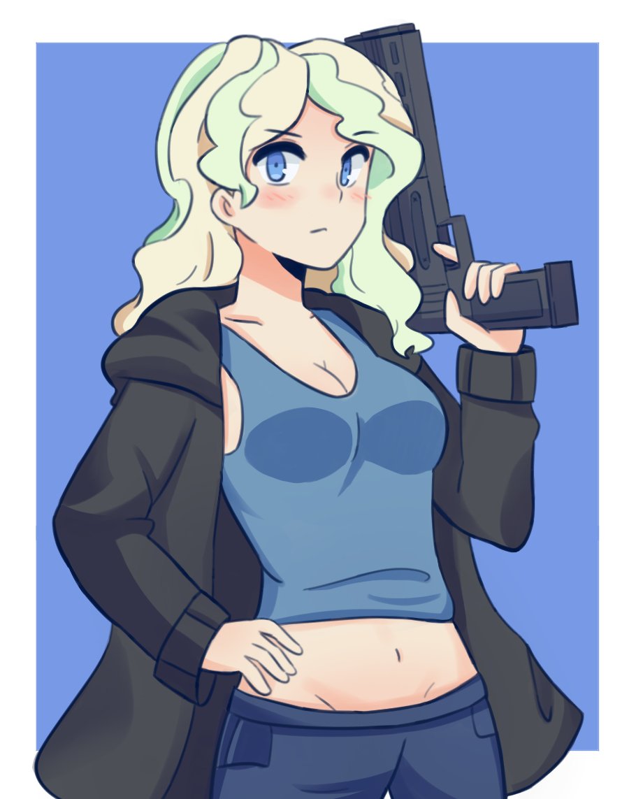 1girl artist_request blonde_hair blue_background blue_eyes breasts cleavage diana_cavendish gun handgun jacket little_witch_academia navel solo tank_top weapon