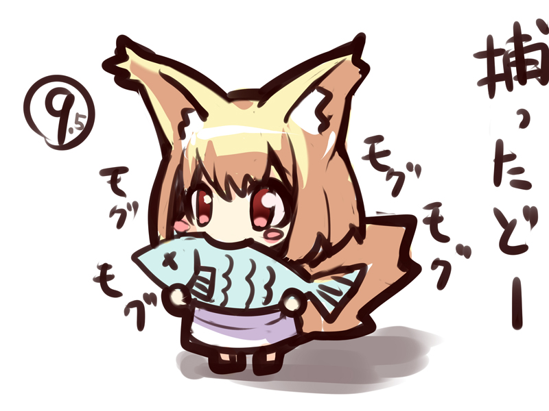 1girl animal_ears bangs barefoot blonde_hair blush_stickers chibi dress eating fish fox_ears fox_girl fox_tail hair_between_eyes holding holding_fish long_hair original red_eyes solo standing tail translation_request white_dress x_x yuuji_(yukimimi)