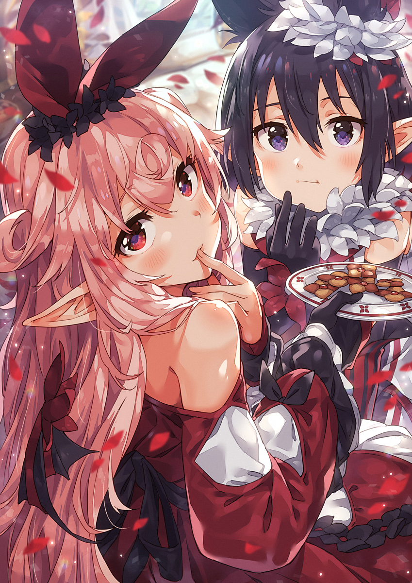 2girls animal_ears bangs bare_shoulders black_gloves black_ribbon blush closed_mouth commentary_request cookie dress eating elbow_gloves finger_to_mouth food fur_trim gloves hair_between_eyes highres holding holding_plate long_hair long_sleeves looking_at_viewer looking_back mano_(narumi_arata) multiple_girls narumi_arata original pink_hair plate pointy_ears purple_hair recri red_dress red_eyes revision ribbon sitting violet_eyes