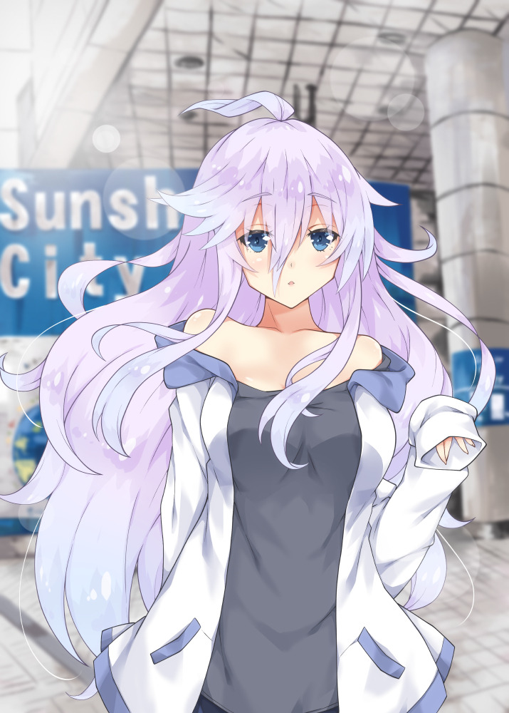 1girl :o ahoge bangs bare_shoulders black_shirt blue_eyes blurry blurry_background blush breasts collarbone commentary_request detached_sleeves eyebrows_visible_through_hair hair_between_eyes hood hood_down hoodie indoors long_hair long_sleeves looking_at_viewer medium_breasts milkpanda off_shoulder original parted_lips purple_hair shirt sleeves_past_wrists solo tile_floor tile_roof tiles very_long_hair white_hoodie