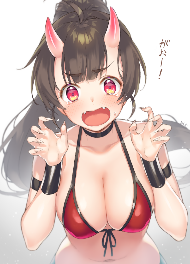 1girl ahoge artist_name bangs bikini black_choker black_hair blush breasts choker claw_pose cleavage collarbone commentary_request crying crying_with_eyes_open embarrassed eyebrows_visible_through_hair fangs fingernails front-tie_bikini front-tie_top gao gradient gradient_background horns large_breasts long_hair looking_at_viewer navel oni oni_horns open_mouth original ponytail red_bikini red_eyes sharp_fingernails shouting solo swimsuit tareme tears tokki upper_body