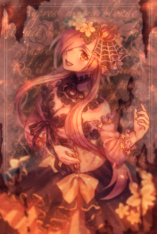 1girl :d black_dress breasts brown_eyes cleavage crown dress flower frills gourgeist hair_flower hair_ornament hair_over_one_eye long_hair moe_(hamhamham) open_mouth personification pink_hair pokemon smile solo standing