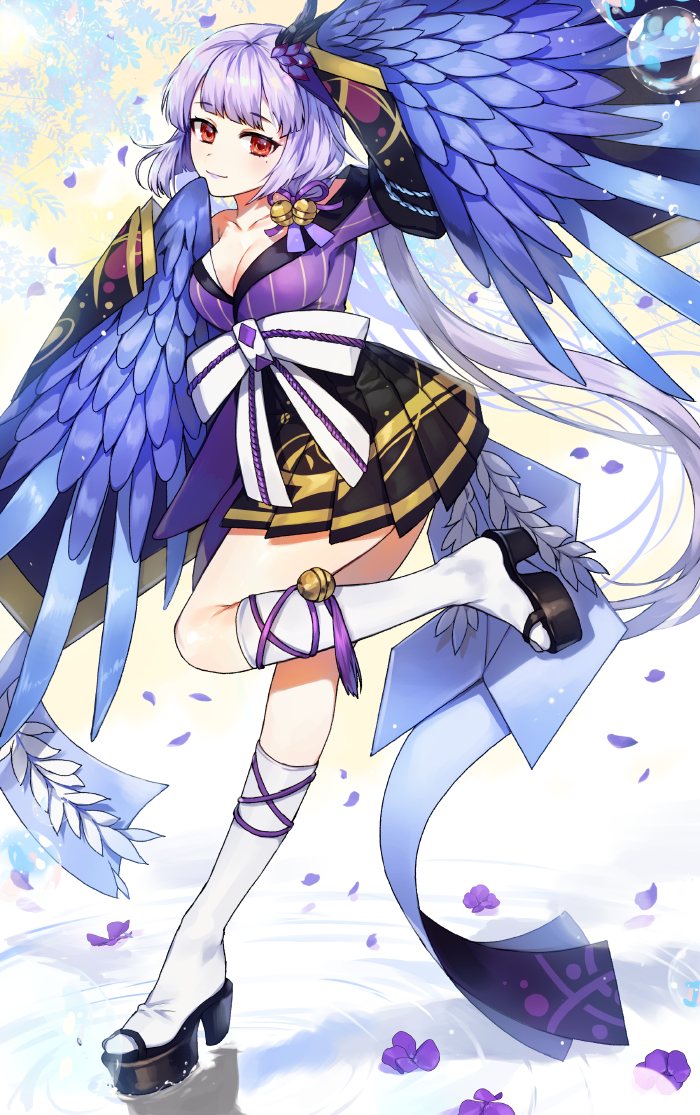 1girl breasts cleavage feathered_wings feathers gijang itsumade_(onmyoji) looking_at_viewer monster_girl onmyoji purple_hair solo wings