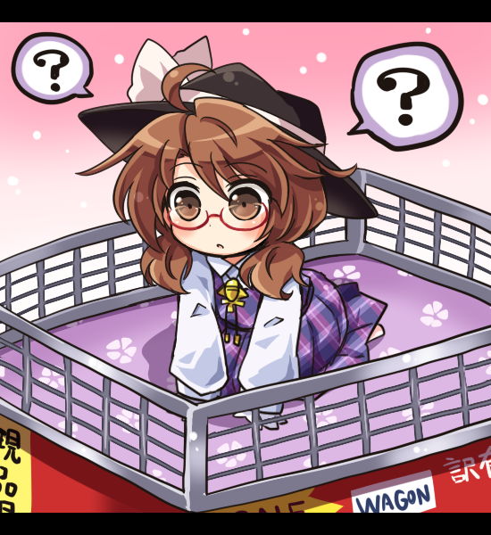 1girl ? ahoge bangs basket black_hat blush bow brown_eyes brown_hair chibi eyebrows_visible_through_hair full_body glasses hat hat_bow letterboxed long_sleeves low_twintails open_mouth plaid pleated_skirt pote_(ptkan) red-framed_eyewear ribbon school_uniform semi-rimless_eyewear shirt short_hair signature skirt skirt_set solo spoken_question_mark touhou twintails under-rim_eyewear usami_sumireko white_bow