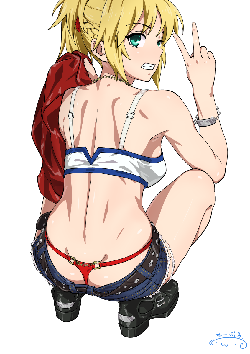 1girl ass bandeau blonde_hair braid breasts denim denim_shorts fate/apocrypha fate_(series) from_behind green_eyes hair_ornament hair_scrunchie highres long_hair looking_at_viewer looking_back medium_breasts mordred_(fate) mordred_(fate)_(all) scrunchie shiny shiny_hair shiny_skin short_shorts shorts simple_background solo_focus suna white_background
