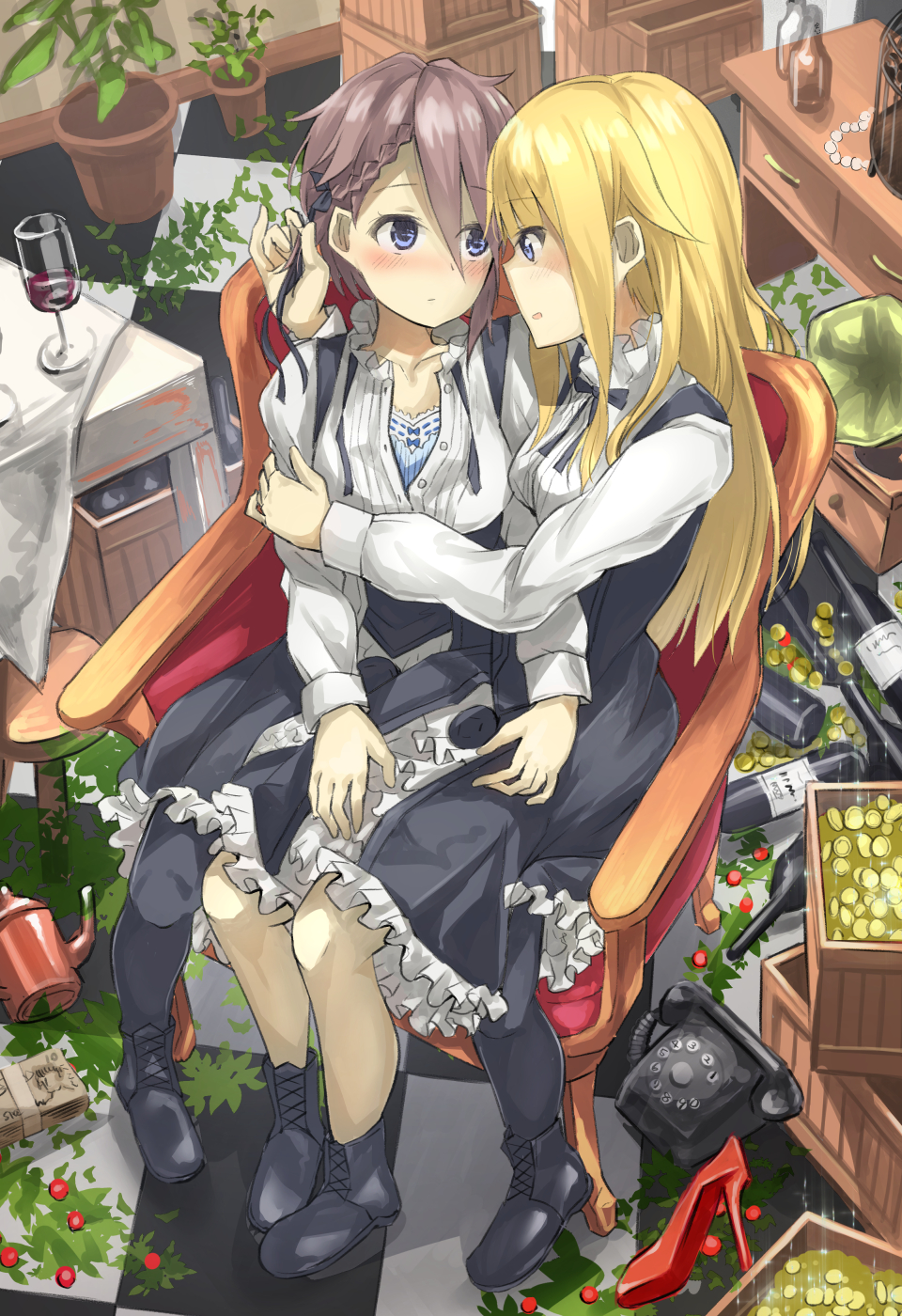 2girls ange_(princess_principal) bad_perspective black_footwear blonde_hair blue_eyes blush bottle box braid brown_hair cage chair coin cup desk drinking_glass eye_contact hand_in_another's_hair high_heels highres inside looking_at_another money multiple_girls necklace_removed phone plant potted_plant princess_(princess_principal) princess_principal red_footwear ringocha_(appleteatea) school_uniform shared_chair sitting stool table tiled_floor unbuttoned unbuttoned_shirt wine_bottle wine_glass yuri