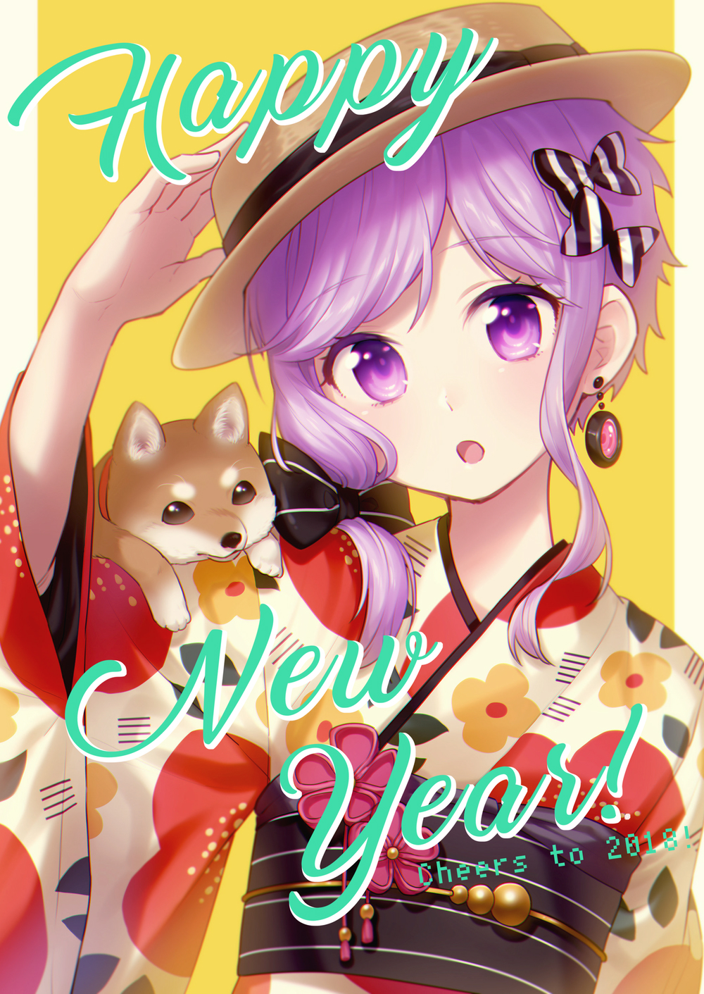 1girl 2018 :o ai_kusunoki alternate_costume animal animal_on_shoulder arm_up bangs blush bow brown_eyes brown_hat colored_eyelashes dog english eyebrows_visible_through_hair fedora floral_print hair_bow hand_on_headwear happy_new_year hat hat_bow head_tilt highres japanese_clothes jewelry kimono long_hair long_sleeves looking_at_viewer new_year obi open_mouth print_kimono purple_hair sash shiny shiny_hair simple_background single_earring solo striped striped_bow swept_bangs tareme upper_body violet_eyes voiceroid wide_sleeves yellow_background yuzuki_yukari