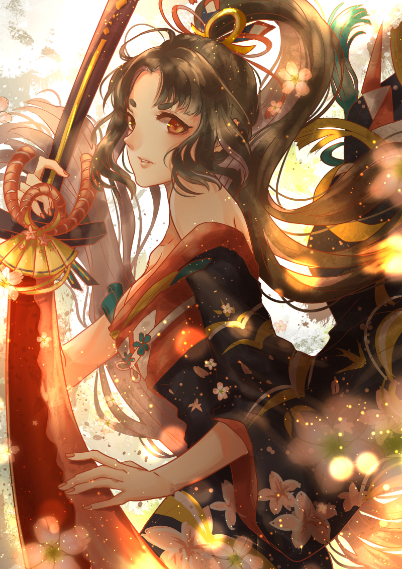 1girl breasts japanese_clothes kimono long_hair looking_at_viewer onmyoji paujiou sword weapon yellow_eyes youtouhime