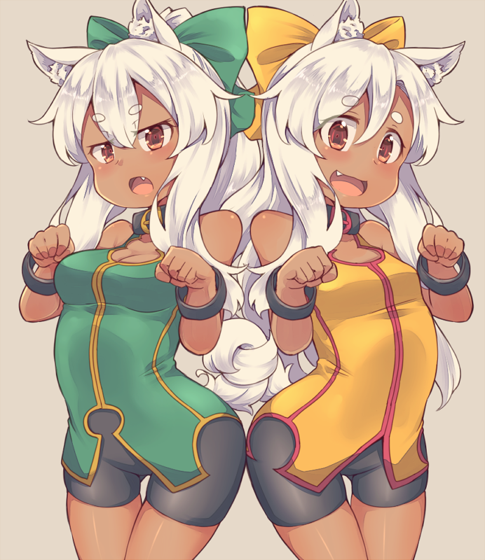 2girls :d :o animal_ears bangs bike_shorts black_shorts blush bow breasts brown_background brown_eyes commentary_request contrapposto cowboy_shot dark_skin dog_ears dog_girl dog_tail eyebrows_visible_through_hair fang green_bow green_shirt hair_between_eyes hair_bow kuromiya long_hair looking_at_viewer medium_breasts multiple_girls open_mouth original paw_pose shirt shorts simple_background small_breasts smile tail thick_eyebrows thigh_gap v-shaped_eyebrows very_long_hair white_hair yellow_bow yellow_shirt