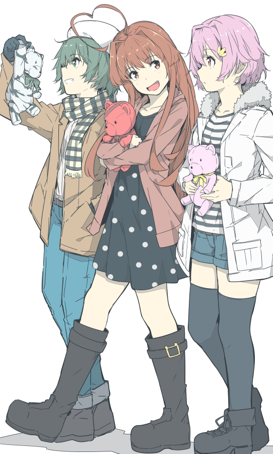 3girls :d ahoge alternate_costume ankle_boots bangs beret black_dress black_footwear black_gloves black_legwear boots brown_eyes brown_hair brown_jacket casual checkered checkered_scarf coat denim denim_shorts dress eyebrows_visible_through_hair fang full_body gloves grin hand_in_pocket hat heart_ahoge holding huge_ahoge jacket jeans kantai_collection kiso_(kantai_collection) knee_boots kuma_(kantai_collection) long_sleeves multiple_girls ninimo_nimo object_hug open_clothes open_coat open_mouth pants pink_hair pocket polka_dot polka_dot_dress profile red_eyes red_jacket scarf shiny shiny_hair shirt short_hair shorts simple_background smile striped striped_shirt stuffed_animal stuffed_toy tama_(kantai_collection) teddy_bear teeth thigh-highs two-handed walking white_background white_coat white_hat