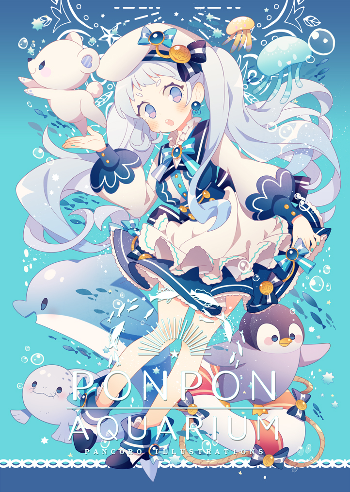 1girl :o air_bubble bear bird blue_background blue_dress blue_eyes blue_nails blush bubble dolphin dress earrings english full_body grey_hair hat jellyfish jewelry nail_polish original penguin school_of_fish seal solo twintails wakanagi_eku white_hat