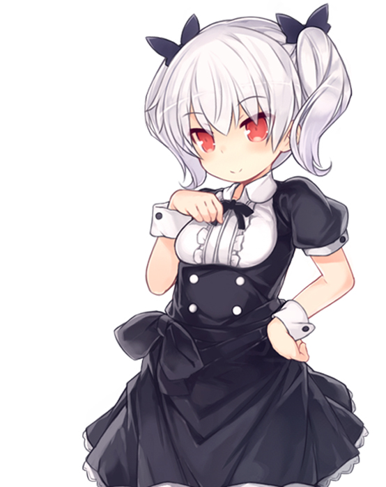 1girl bangs black_bow black_dress bow breasts closed_mouth collared_shirt dress eyebrows_visible_through_hair hair_between_eyes hair_bow hand_on_hip hand_on_own_chest kurasuke looking_at_viewer original puffy_short_sleeves puffy_sleeves red_eyes shirt short_sleeves silver_hair simple_background small_breasts smile solo twintails white_background white_shirt wrist_cuffs