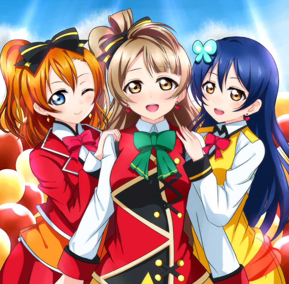 3girls bangs blue_eyes blue_hair bow butterfly_hair_ornament commentary_request earrings eyebrows_visible_through_hair grey_hair hair_between_eyes hair_bow hair_ornament hand_on_another's_shoulder jewelry kousaka_honoka long_hair looking_at_viewer love_live! love_live!_school_idol_project love_live!_the_school_idol_movie minami_kotori multiple_girls neck_ribbon one_eye_closed one_side_up open_mouth orange_hair ribbon sandwiched smile sonoda_umi sunny_day_song upper_body wewe