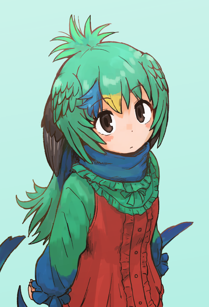 1girl blue_background blue_hair brown_eyes brown_hair center_frills commentary_request dress expressionless eyebrows_visible_through_hair frills green_hair head_wings kemono_friends long_sleeves looking_at_viewer multicolored multicolored_clothes multicolored_dress multicolored_hair resplendent_quetzal_(kemono_friends) simple_background solo upper_body user_fzxv7542