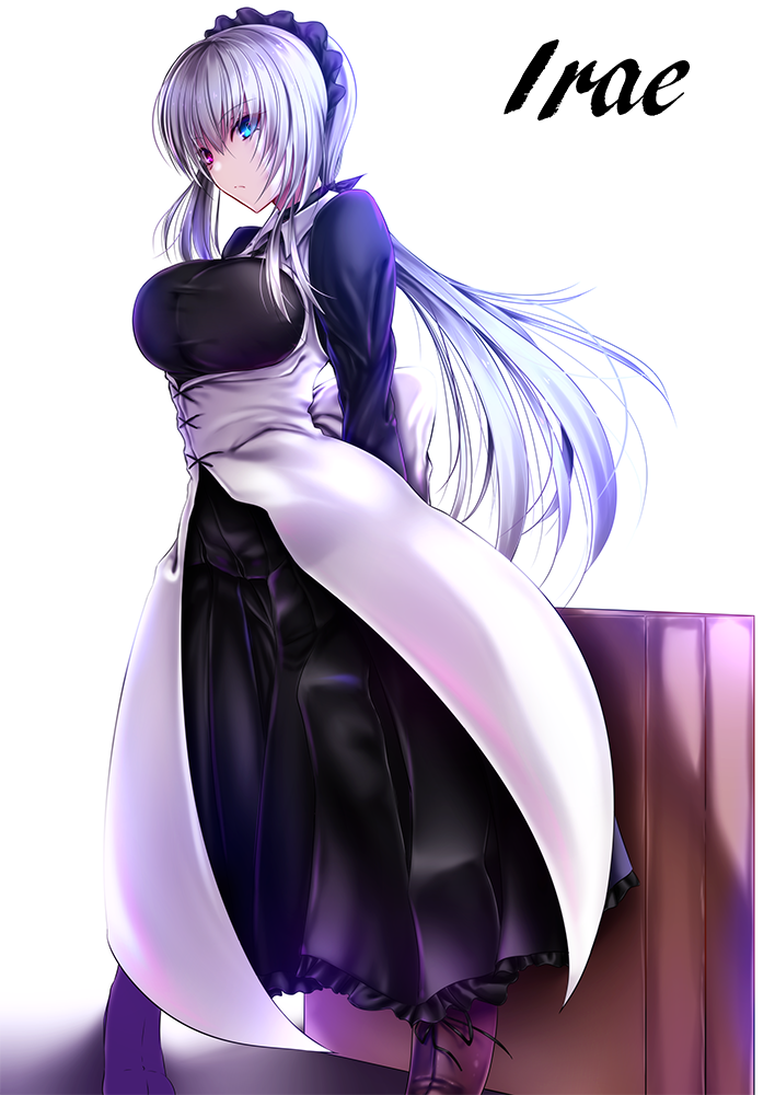 1girl akeyama_kitsune arms_behind_back black_skirt blue_eyes boots breasts brown_footwear cross-laced_footwear full_body heterochromia lace-up_boots large_breasts long_hair long_skirt looking_at_viewer maid maid_headdress original silver_hair simple_background skirt solo violet_eyes white_background