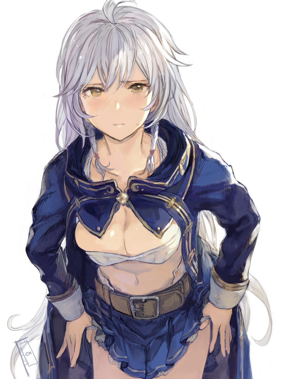 1girl ahoge bangs belt belt_buckle braid breasts buckle cleavage commentary_request cowboy_shot crop_top frilled_skirt frills granblue_fantasy highres jacket long_hair long_sleeves looking_at_viewer medium_breasts midriff open_clothes open_jacket panties panty_pull pleated_skirt pulled_by_self sabanobori silva_(granblue_fantasy) silver_hair simple_background skirt solo sweatdrop underwear white_background white_panties yellow_eyes
